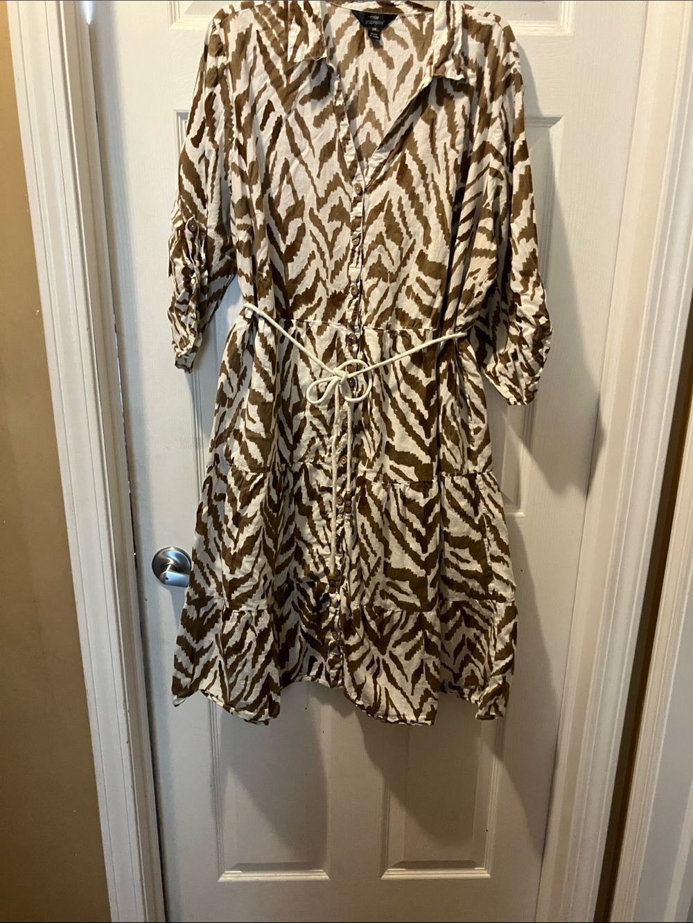 Casual Brown & White Animal Print Tiered Shirt Dress